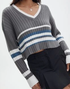 V-Neck Drop Shoulder Varsity Knit Jumper -Swoon Fashion paige preppy v neck coal stripe imageback kl90519ostp