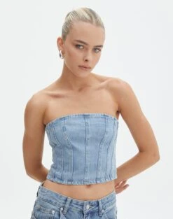 Denim Panelled Strapless Corset