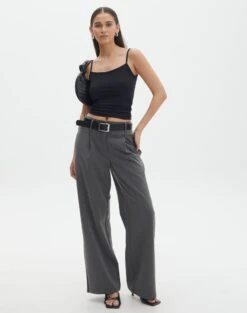 High Neck Curve Hem Knit Tank Top -Swoon Fashion penny button suit pant charcoal front pw91835pln