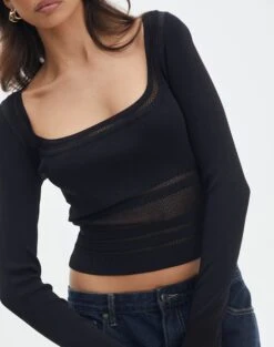 Panelled Knit Long Sleeve Top -Swoon Fashion pinny panelled longsleeve black imageback kl114624vn