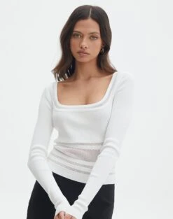 Panelled Knit Long Sleeve Top -Swoon Fashion pinny panelled longsleeve white front kl114624vn