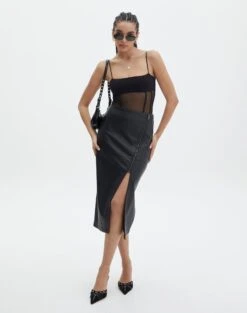 Faux Leather Side Split Zip Midi Skirt