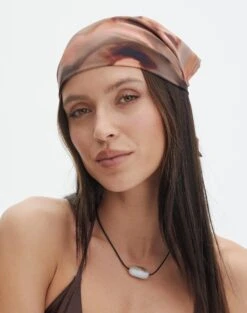 Long Sleeve Linen Blend Shirt -Swoon Fashion printed satin headscarf coffee skies front ha47085prt