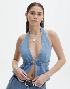 Denim Panelled Strapless Corset -Swoon Fashion r dane apron blouse riley vintage wash front bv108528rdnm 1