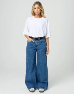 Thin Waistband Straight Leg Jean -Swoon Fashion r hyper mid rise wide leg jean suzy mid wash front jd96872rdnm 2
