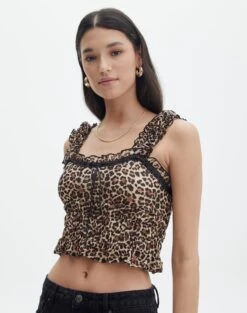 Split Tie Front Print Blouse -Swoon Fashion r leah lace trim blouse blurred leo front bv110648rbll 1