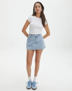 Low Rise Denim Mini Skirt -Swoon Fashion r leni low rise hemmed mini skirt bluebird vintage front ss55069rden 3