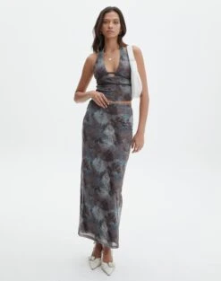 Floral Mesh Lettuce Trim Midi Skirt -Swoon Fashion r marina mesh maxi skirt mink tie dye front sl53303rpri 1