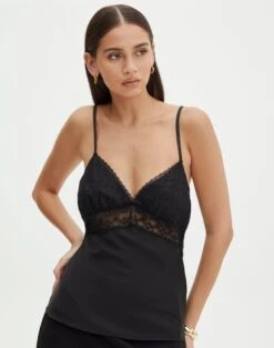 Ruffle Frill Tie Front Top -Swoon Fashion r meme lace trim blouse blackblack front bv92276rsat 3