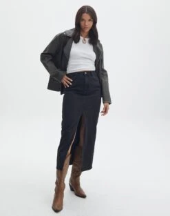 Split Front Denim Midi Skirt 33 Split Front Denim Midi Skirt -Swoon Fashion r roah denim maxi skirt washed black front sl118486rdnm 4