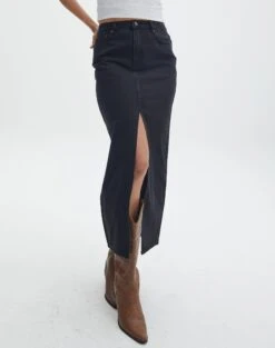 Split Front Denim Midi Skirt 34 Split Front Denim Midi Skirt -Swoon Fashion r roah denim maxi skirt washed black full sl118486rdnm