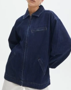 Oversized Denim Zip Up Jacket -Swoon Fashion r scooter denim jacket super indigo imageback jw107129rdnm