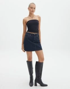 Double Button Knee Length Denim Skirt -Swoon Fashion remi high rise denim skirt last rodeo indigo front ss145806rdnm