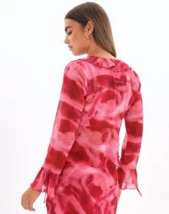Print Frill Split Tie Front Blouse -Swoon Fashion riley ruffle blouse carnation skies back bl64192prt