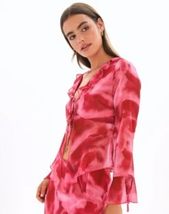 Print Frill Split Tie Front Blouse -Swoon Fashion riley ruffle blouse carnation skies detail bl64192prt