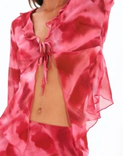 Print Frill Split Tie Front Blouse -Swoon Fashion riley ruffle blouse carnation skies imageback bl64192prt