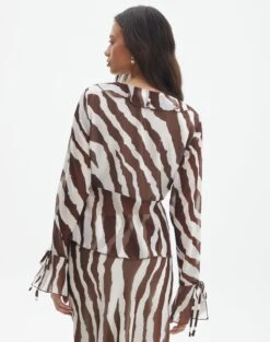 Print Frill Split Tie Front Blouse -Swoon Fashion riley ruffle blouse umber zebra back bl64192prt