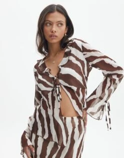 Print Frill Split Tie Front Blouse -Swoon Fashion riley ruffle blouse umber zebra detail bl64192prt