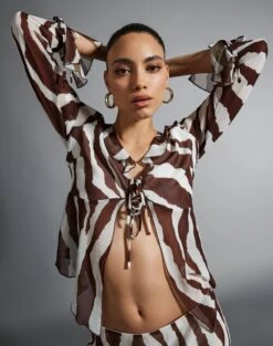 Split Tie Front Print Blouse -Swoon Fashion riley ruffle blouse umber zebra front bl64192prt 2