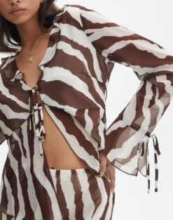 Print Frill Split Tie Front Blouse -Swoon Fashion riley ruffle blouse umber zebra imageback bl64192prt
