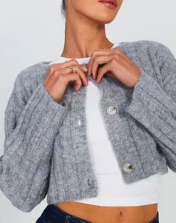 Cropped Long Sleeve Knit Cardigan -Swoon Fashion robin rib cardi grey marle detail kc78726rpol