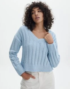 Cropped Cable Knit V Neck Jumper -Swoon Fashion rowan ribbed v neck icecap front kl124074che