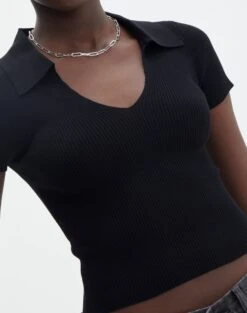 Collared Ribbed Knit Crop Top -Swoon Fashion sammie collared black imageback ks123930vp
