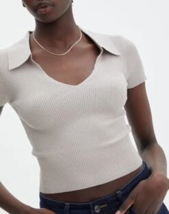Collared Ribbed Knit Crop Top -Swoon Fashion sammie collared dusty mink imageback ks123930vp