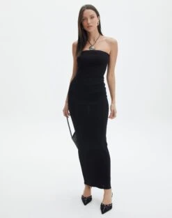 Sculpted Glitter Maxi Dress -Swoon Fashion sangria sparkle strapless slim black front kd117623lur