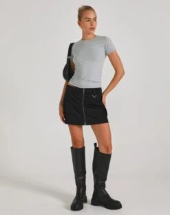 Faux Leather Low Rise Zip Mini Skirt -Swoon Fashion stella cargo skirt black front ss86240pln 1