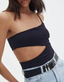 Supersoft One Shoulder Side Cut Out Bodysuit -Swoon Fashion sully peachy bodysuit black imageback tb95431pch