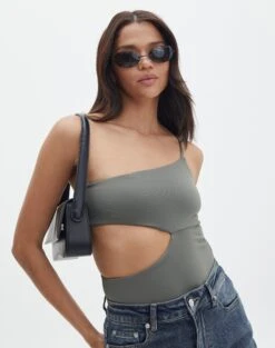 Supersoft One Shoulder Side Cut Out Bodysuit -Swoon Fashion sully peachy bodysuit cypress front tb95431pch 1