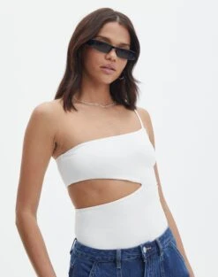 Supersoft One Shoulder Side Cut Out Bodysuit -Swoon Fashion sully peachy bodysuit milk front tb95431pch 2