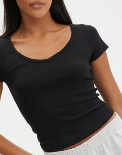 Cropped V Neck Tee -Swoon Fashion susu v neck top black imageback ts122528rib