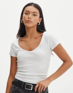Cropped V Neck Tee -Swoon Fashion susu v neck top snow marle front ts122528rib