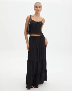 Linen Blend Tiered Maxi Skirt
