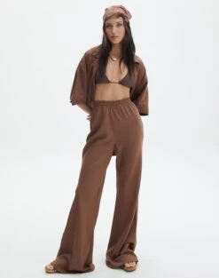Linen Blend Wide Leg Pants -Swoon Fashion t co dizzy flared pant deep umber front pw118952tlv