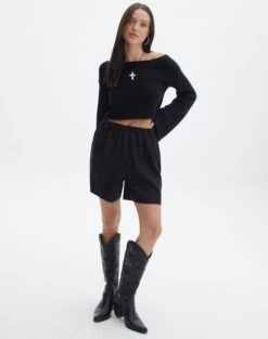 Knit Off The Shoulder Crop Top -Swoon Fashion t kez longline linen short black front sw118936tlv