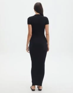 V Neck Collared Wide Rib Knit Dress -Swoon Fashion t von v neck ss maxi black back kd103987tknt