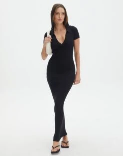 V Neck Collared Wide Rib Knit Dress