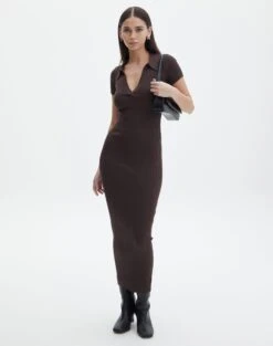 V Neck Collared Wide Rib Knit Dress -Swoon Fashion t von v neck ss maxi irish coffee full kd103987tknt