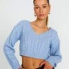 Cropped Cable Knit V Neck Jumper -Swoon Fashion tartt cable v neck crop monday blues front kl78966ca 3
