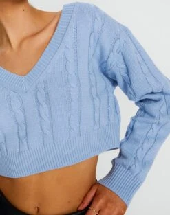Cropped Cable Knit V Neck Jumper -Swoon Fashion tartt cable v neck crop monday blues imageback kl78966ca