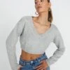 Cropped Knit V Neck Jumper -Swoon Fashion tartt v neck crop pale grey marle front kl78966knt 6