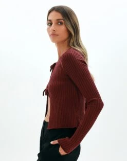Double Tie Front Ribbed Knit Top -Swoon Fashion tracy textured tie knit red chocolate detail kc90452knt