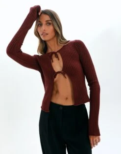 Long Sleeve Cut Out Ribbed Top -Swoon Fashion tracy textured tie knit red chocolate front kc90452knt 2
