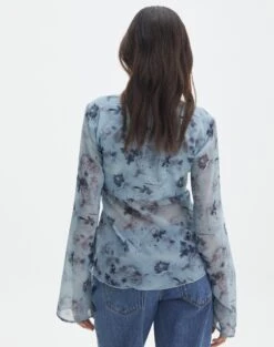 Print Ruffle Long Sleeve Blouse -Swoon Fashion tritan lattice blouse bubble blooms back bl134763prt