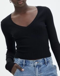 Ribbed V Neck Long Sleeve Knit -Swoon Fashion vance v neck black imageback kl79068vn