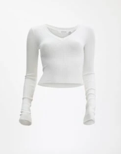 Ribbed V Neck Long Sleeve Knit -Swoon Fashion vance v neck milk detail kl79068vn