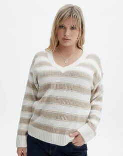 Stripe Knit Jumper -Swoon Fashion vivi v neck jumper rib stripe front kl78867rjac 2